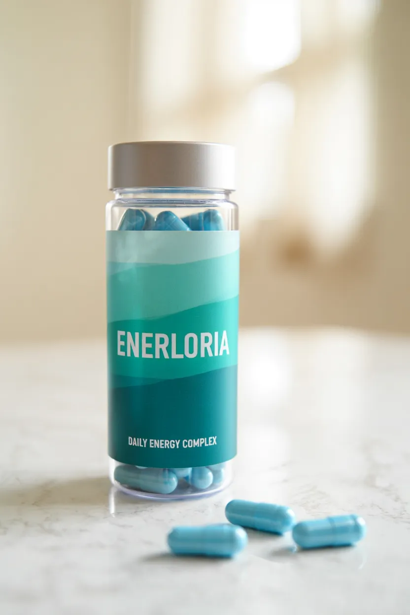 Enerloria dietary supplement bottle with capsules, featuring aqua and teal gradient label design